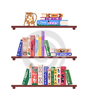 Kids book shelf. Childrens and baby literature row on bookshelf. Fairytales, fiction, childs encyclopedias library for