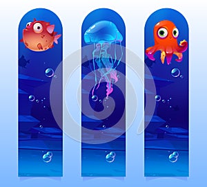 Kids bookmarks with cartoon underwater creatures