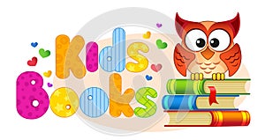 Kids books. Banner with owl on a pile of books