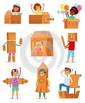 Kids in box vector creative children character playing in boxed house and boy or girl in carton plane or paper ship