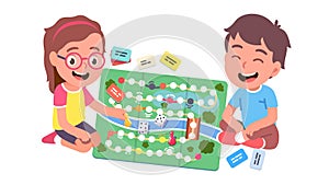 Kids boy and girl playing board game together