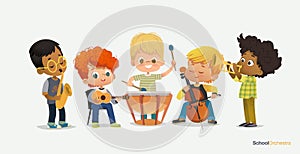 Kids Boy Orchestra Play Different Music Instrument