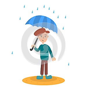 Kids, Boy Under the rain, Boy with Umbrella, Boy kids playing outside, Happy kids umbrella rain Premium Vector