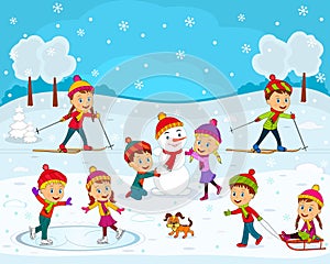 Kids,boys and girls play outdoor, go skiing, make a snowman, skate, with sled on the winter background