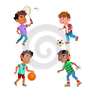 Kids Boys Play Sport Game On Playground Set Vector