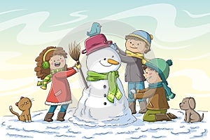 Kids Build a Snowman photo