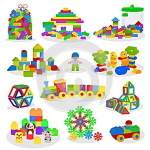 Kids building blocks vector baby toys colorful bricks for construction in playroom where children build or construct