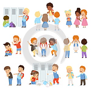 Kids bullying the weaks set, bad behavior, conflict between children, mockery and bullying at school vector Illustration