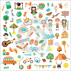 Kids camping cartoon vector illustration. Set of Kids camp elements and icons, cartooning illustrations about childhood