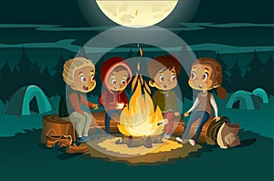 Kids camping in the forest at night near big fire. Children sitting in a circle, tell scary stories and roast