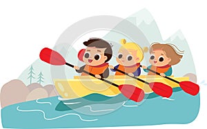 Kids in canoe. Summer activity.