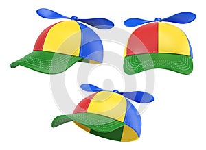 Kids cap with propeller, colorful hat, various views, 3d rendering photo