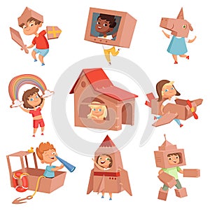 Kids cardboard costumes. Children playing in active games with paper box making house car and airplane vector characters