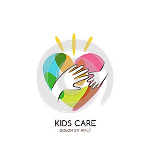 Kids care, family or charity logo emblem design template. Hand drawn heart with baby and adult hands silhouettes