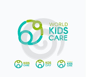 Kids care logo, circular concept protection child icon, mother and baby abstract logotype, world children protection day