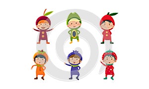 Kids in carnival clothes set, cute little boys and girls wearing fruits and berriess costumes, cherry, orange, blueberry