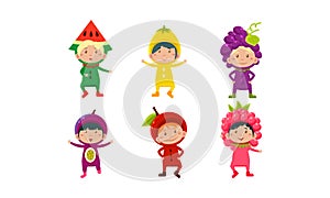 Kids in carnival clothes set, cute little boys and girls wearing fruits and berriess costumes vector Illustration