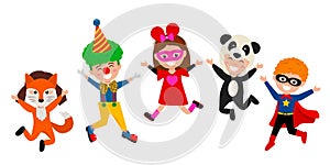 Kids in carnival costumes of animals and clown having fun at the holiday concept of christmas, halloween and children`s birthday