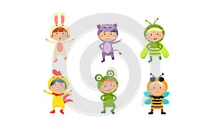 Kids in carnival costumes set, cute little boys and girls wearing insects and animals clothes vector Illustration on a