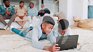 Kids, carpet and boys with tablet, game and internet with happiness and playing in a living room. Family home, digital