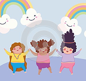 Kids cartoon happy little girls rainbows and clouds