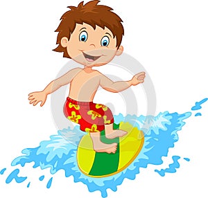 Kids cartoon play surfing on surfboard over big wave