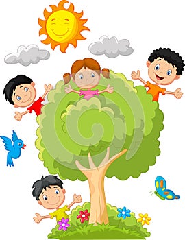 Kids cartoon playing on tree