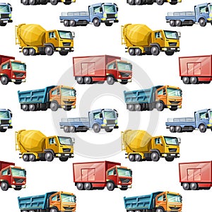 Kids cartoon style seamless pattern of colorful construction trucks on white background