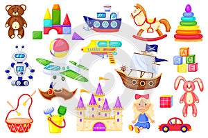 Kids cartoon toy. Cute baby doll, teddy bear, bunny, airplane, car, robot, drum, cubes, blocks. Game toys for children