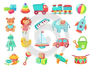 Kids cartoon toys. Baby doll, train on railway, ball, cars, boat, boys and girls fun isolated plastic toy vector