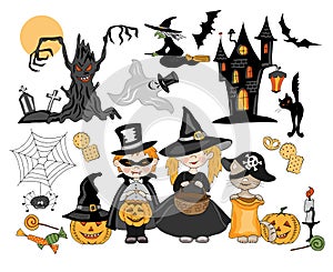 Kids and cat dressing up in Haloween costumes and set of isolated objects. Vector cartoon illustration