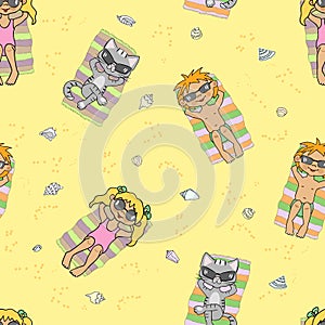 Kids and cat laying on the beach, sunbathing. Summer children\'s holidays. Seamless pattern