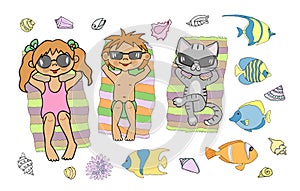 Kids and cat in sun glasses laying on the beach. Sea shells, coral fish. Vector cartoon