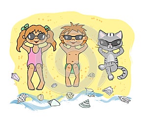 Kids and cat in sun glasses laying on the beach. Vector cartoon illustration