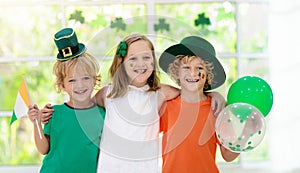 Kids celebrate St Patrick Day. Irish holiday