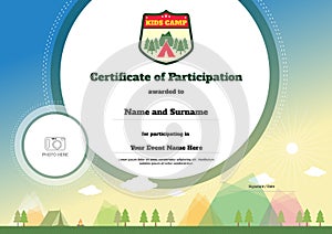 Kids certificate template in vector for camping participation photo