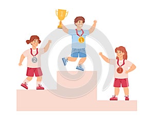Kids champions on pedestal with trophy cups flat vector illustration isolated.