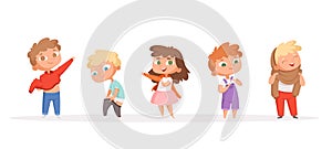 Kids changing clothes. Children dressing pants and shoes parents helping and teaching vector cartoon funny peoples photo