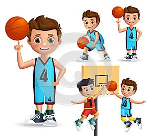 Kids character playing basketball vector set. Young school boy wearing basketball uniform
