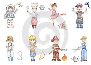 Kids Characters Collection: Set of different professions in cartoon style, Abc illustration, watercolor children educational: