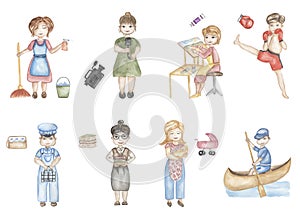 Kids Characters Collection: Set of different professions in cartoon style, Abc illustration, watercolor children educational: home