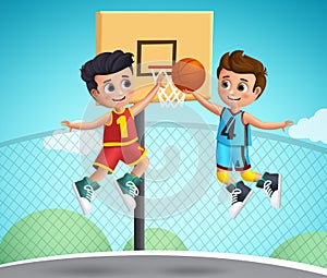 Kids characters playing basketball vector illustration.Young school boys wearing basketball uniform