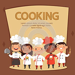 Kids characters prepare food. Cooking kids chefs banner vector template