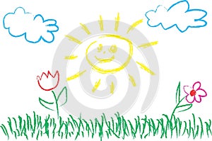 kids charcoal drawing sun clouds grass flowers spring world vector illustration