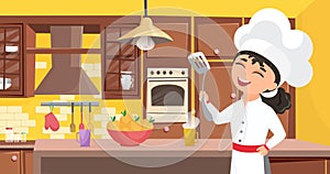 Kids chef cook food, happy cute child in cooker apron cooking meal in kitchen interior