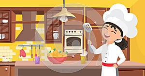 Kids chef cook food, happy cute child in cooker apron cooking meal in kitchen interior photo