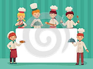 Kids chefs frame. Children cooks, little chef cooking food and restaurant kitchen students cartoon vector illustration photo