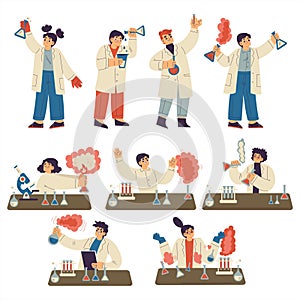 Kids Chemist and Scientist in Chemistry Lab Doing Scientific Experiment Vector Set