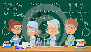 Kids chemistry science. Cartoon labs scientist, children in medical uniform. School lesson in class, laboratory child