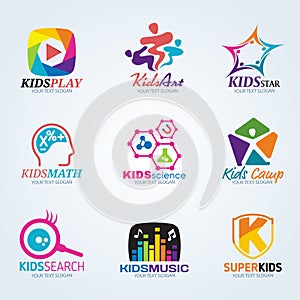 Kids child for art and summer camp logo vector set design